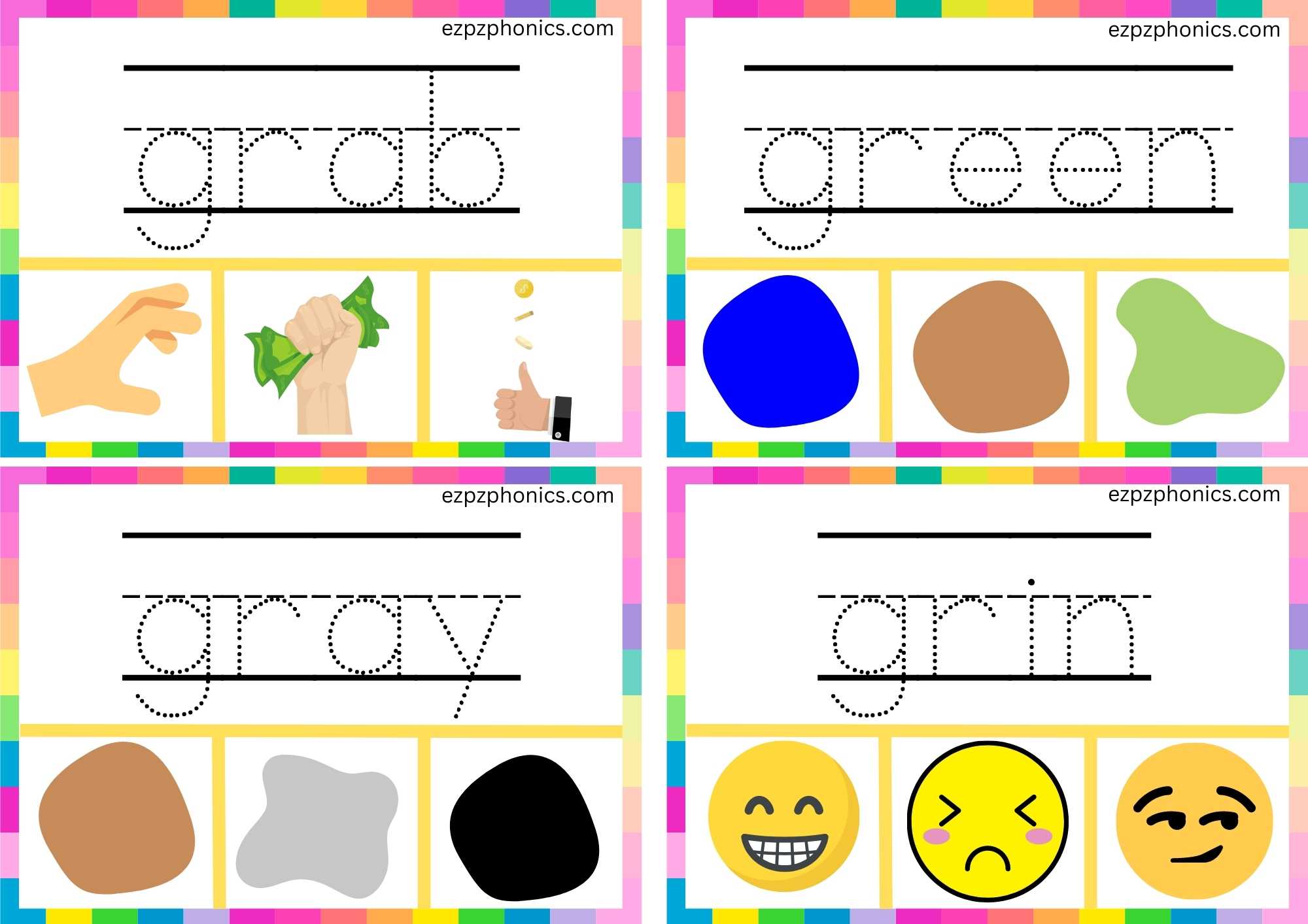GR Beginning Blends Clip Cards Trace The Words And Clip The Correct Images Set 1